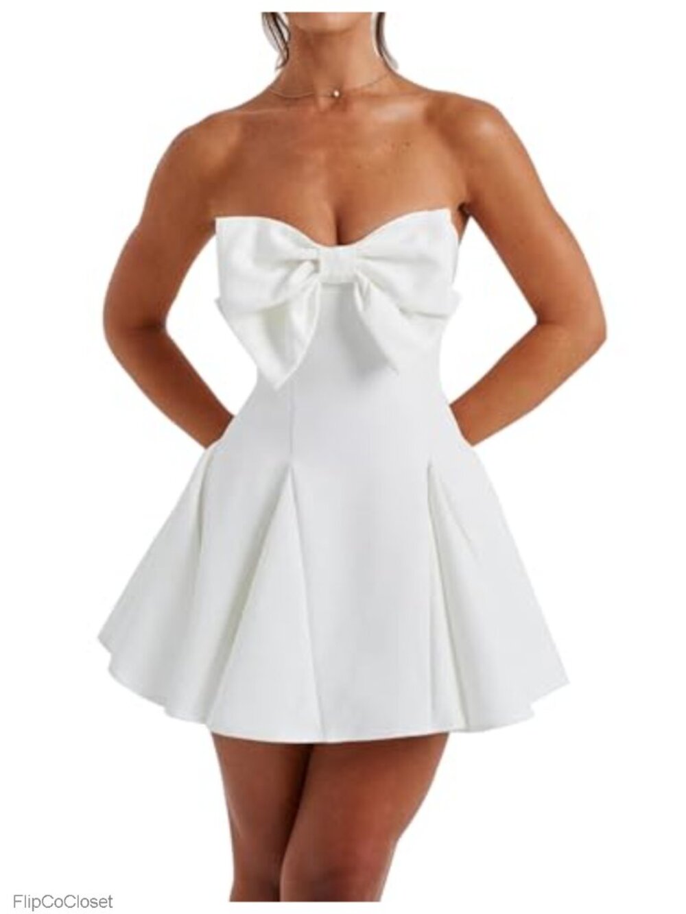 A-Line Strapless Corset Bow Mini Dress Sleeveless Flowy Flare Hem Ruched